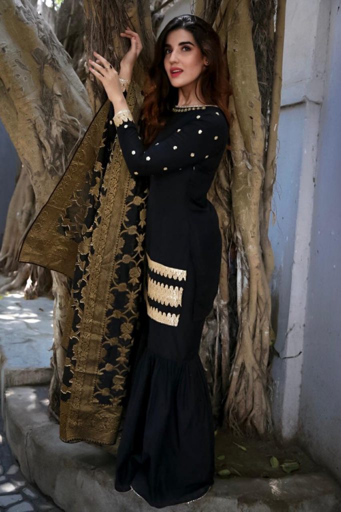Hareem Farooq Wardrobe By Pakistani Designers | wearing Maria B 6 Hareem Farooq wearing black dress by Zainab chottani Designer