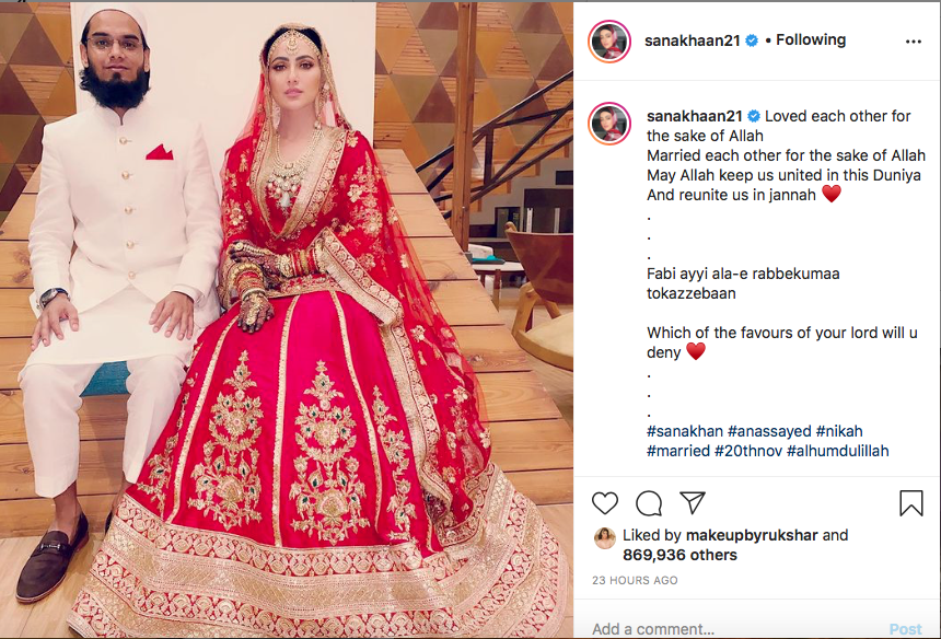 Sana Khan marriage official post